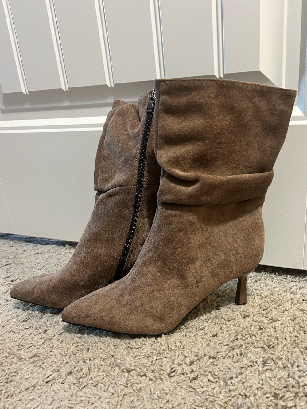 Brown Suede Pointed-Toe Kitten Heel Boots